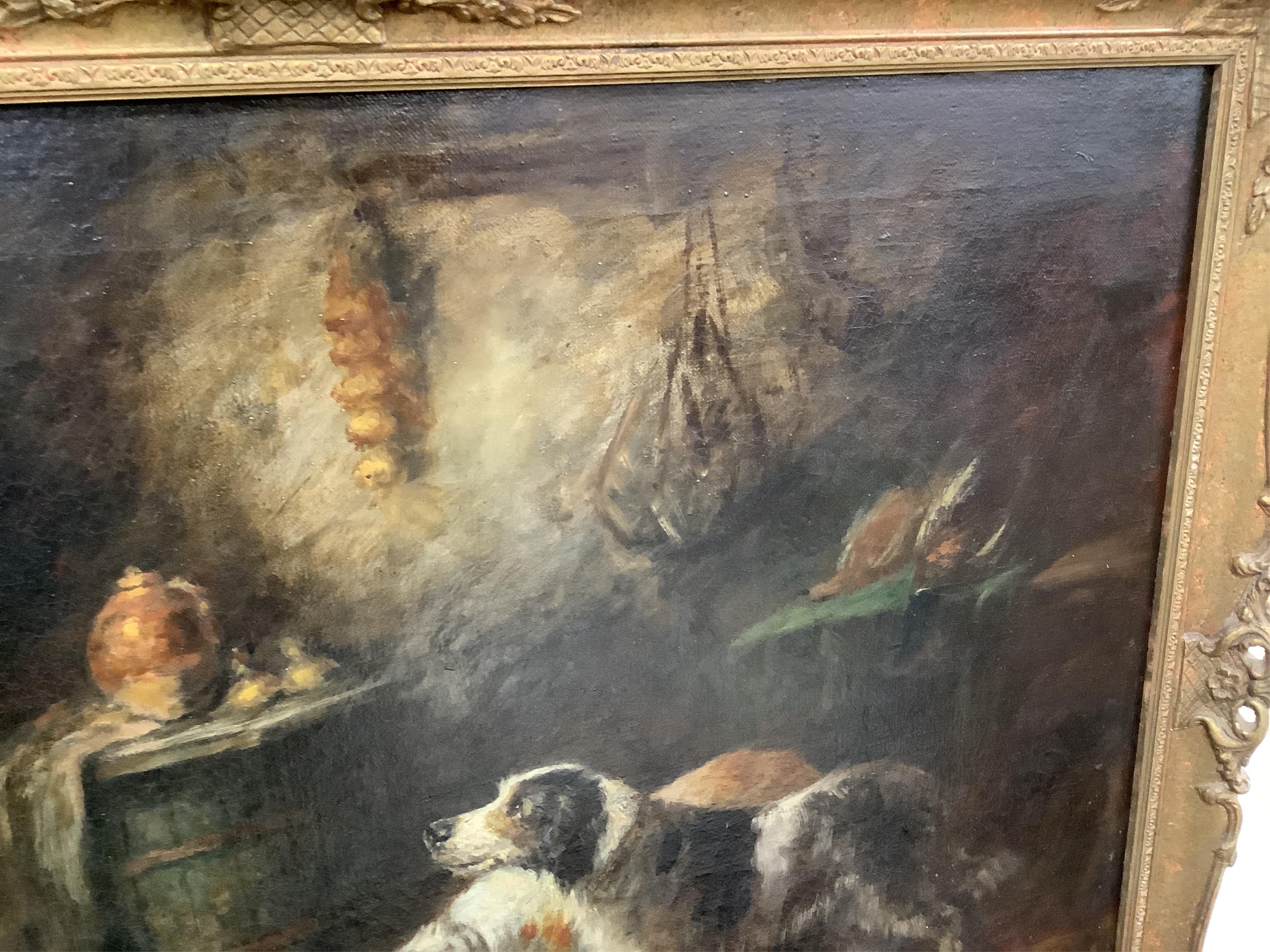 After George Armfield (1808–1893), Hounds in an interior, bears signature, oil on canvas, 62 x 80cm, ornately framed